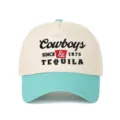 Detailed view of Cowboys and Tequila embroidered contrast color 5-panel trucker hat - Adjustable / Beige and Lake Green