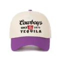 Detailed view of Cowboys and Tequila embroidery on a purple and beige trucker hat. - Adjustable / Beige/Purple