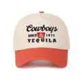 Detailed view of Cowboys and Tequila embroidery on a two-tone cream and orange cap - Adjustable / Beige and Orange-Red
