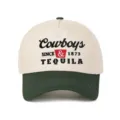 Detail view of the "Cowboys & Tequila" embroidery on a two-tone 5-panel baseball cap. - Adjustable / Beige Patchwork Army Green