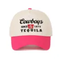 Detailed front view of Cowboys and Tequila embroidered beige and pink five-panel trucker hat - Adjustable / Beige/Rose Red