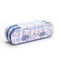 Cute blue checkered double-layer canvas pencil case with cartoon bear and rabbit patterns - Busy Cowboy Rabbit