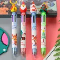 Set of 4 Christmas themed multi-color pens with Santa, Snowman, Reindeer designs - 3D 6-Color Christmas Ballpoint Pen / 0.7mm