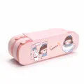 High-capacity pink canvas double-layer pencil case with cute cartoon girl pattern - Coffee Rabbit