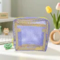 Close up of purple mesh cosmetic bag detail, showing double layer fabric and zipper structure. - 12*12*6cm / Light Purple