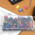 Transparent plastic storage box set with colorful binder clips and paperclips for office use. - Multicolor, 350 Pcs Pack