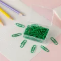 Grüne kunststoffbeschichtete Büroklammern im transparenten Aufbewahrungsbox für Bürobedarf. - 28mm 50 Stück/Packung / Grün