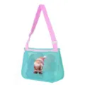 Detailed view of the kids beach mesh bag with cute Santa design, pink straps and durable mesh. - Green & Pink Ribbon Thumbs-Up Old Man