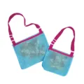 Kids mesh beach bag set with adjustable pink straps and blue see-through material for shells. - Blue & Rose Red Shoulder Mesh Bag Set (Large & Small)