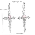 Silver cross earrings with pink heart crystal and rose motif, gothic Y2K style aesthetic jewelry. - 13