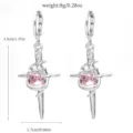 Silver dagger cross earrings with pink crystal, gothic Y2K trend alloy drop earrings for women. - 7