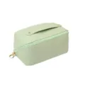 Detail shot of light green PU leather cosmetic bag zipper and handle design features. - Blank No-Logo Green