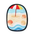Vue rapprochée du gant de plage anti-sable avec des motifs colorés de parasol et coquillage. - 14,5x18 cm / Parapluie