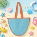 Kids Beach Toy Mesh Bag Colorblock Tote Bag Sand Shell Storage Organizer Bag - Blue Orange Strap Semi-Circular Beach Bag 23*32*8cm