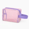 Pink mesh cosmetic bag with purple zipper and handle, portable travel toiletry pouch. - Mesh Octagonal Bag Pink 17*11*8cm