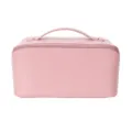Pink PU leather cosmetic makeup bag with convenient handle and zipper detail for travel. - Blank No-Logo Pink