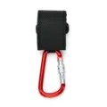 Large load-bearing stroller hook with locking carabiner and anti-slip strap for pushchair. - Red