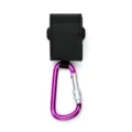 Black nylon strap with purple locking carabiner hook for stroller and outdoor activities. - Violet