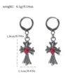 Dark punk style cross earrings with red heart gemstone, lightweight metal drop earrings for women. - Cross Heart Style