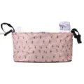 Pink baby stroller organizer bag with cute ski pattern, multi-pocket caddy for buggy travel. - Pink