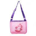 Kids pink mesh beach bag with purple strap and cute cartoon crab print, shoulder bag. - Pink Reading Shrimp