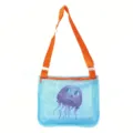 Blue mesh kids beach bag with orange strap and cute purple jellyfish print for toy storage. - Blue Purple Jellyfish