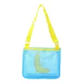 Kids blue mesh beach bag with vibrant yellow adjustable strap and cute green banana pattern. - Blue Banana
