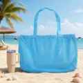 Blue mesh beach bag detail, breathable travel storage tote with drawstring closure. - Handheld Drawstring Beach Bag Blue 39*47cm