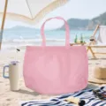 Pink mesh beach bag, drawstring tote for toys and towels, lightweight breathable travel organizer. - Handheld Drawstring Beach Bag Pink 39x47cm