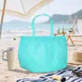Turquoise mesh beach bag detail, breathable net storage tote with drawstring closure for toys. - Handheld Drawstring Beach Bag Green 39*47cm