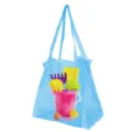 Duurzame blauwe strandtas van mesh gevuld met kleurrijke plastic zandemmers en speelgoed - Mesh Bag Speelgoed Kit / 32*35*23cm / Blauw