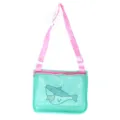 Kids cute mesh beach bag with pink straps and whale design, perfect for shell collecting. - Green Shark