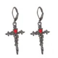 Gotischer Dunkler Stil Kreuz Ohrringe mit auffälligem rotem Herz Kristall und schwarzem Metall. - Stil 21