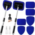 Car windshield cleaning tool detail showing extendable handle, blue microfiber pads and spray bottles. - Combination 6