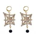 Elegant gold-tone rhinestone dangle earrings with black bead drop for women, stylish party jewelry. - Retro Cross Earrings (C-612)