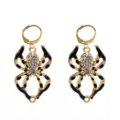 Gold spider earrings with black enamel and clear rhinestones, gothic halloween jewelry style. - Spider Earrings (C-611)