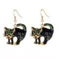 Black cat dangle earrings with green rhinestones and gold tone hooks, fun gothic animal jewelry. - Black Cat Ear Hook (C-610)