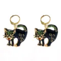 Cute black cat leverback earrings with green rhinestones enamel gold tone jewelry gift. - Black Cat Earrings (C-610)