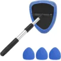 Detalle del limpiador de parabrisas con almohadillas de microfibra azul y mango largo. - Piezas de Plástico + 4 Fundas de Tela Pentagonales Azules