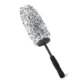 Detailed view of the car wheel cleaning brush featuring soft microfiber head for deep rims. - Black and White Cloth Cover and Plastic Parts / Black and White Bristles