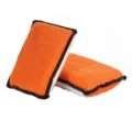 Double-sided orange coral fleece car cleaning sponge with black edge, soft microfiber block. - Orange Terry Cloth + White Faux Shearling