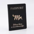 Black PU leather passport holder with gold print for travel, secure card and ticket organizer case. - Boy's Black