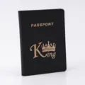 Black PU leather passport cover with gold foil stamping design, stylish travel document holder. - King Black