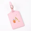 Pink leather luggage tag detail, golden letter A print, travel suitcase bag ID label pendant. - Letter A / Pink