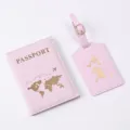 Pink PU leather passport cover and luggage tag set with gold world map for travel accessories - Pink