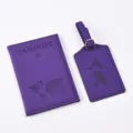 Purple PU leather passport cover and luggage tag detail, world map embossed design close up. - Purple