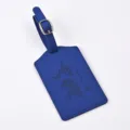 Blue PU leather luggage tag with world map embossing and metal buckle for travel. - Dark Blue