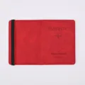 Red PU leather passport holder cover with black elastic band for travel document storage. - Red