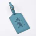 Blue PU leather luggage tag with embossed world map and airplane pattern for travel. - Lake Blue