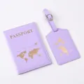 Purple PU leather passport holder and luggage tag set featuring gold foil world map design. - Purple